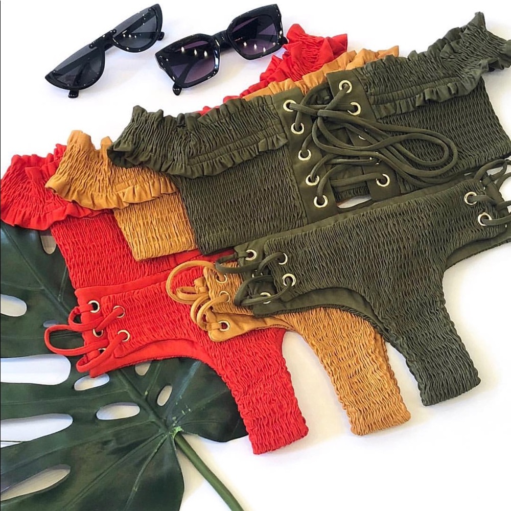 Boutique off the shoulder orange bathing suit set